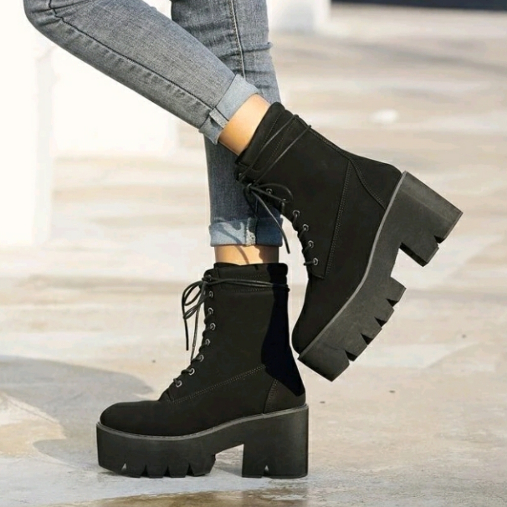 Chunky Black Faux Suede Platform High Top Boots